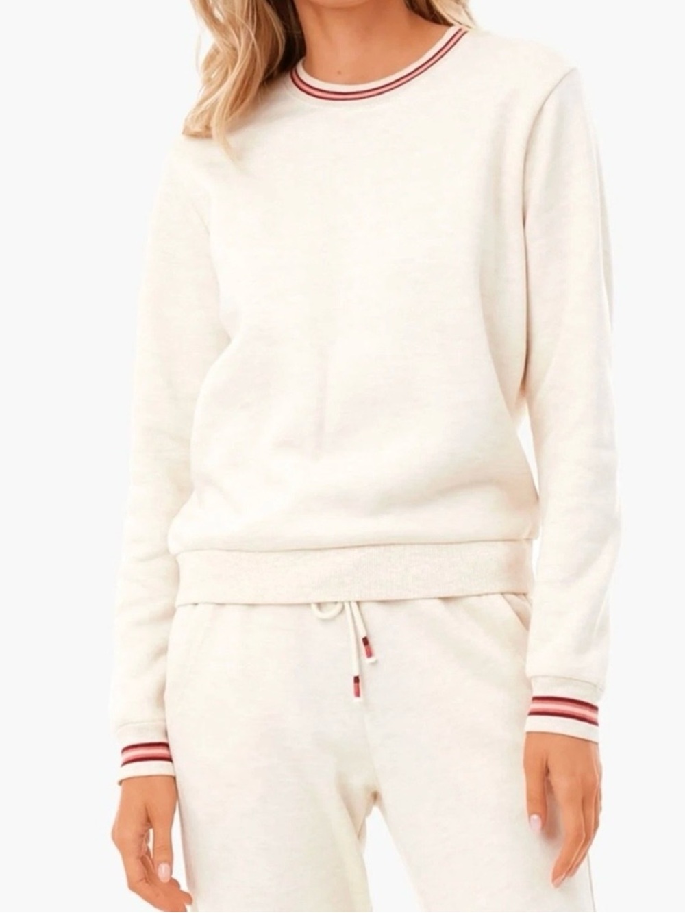 Marine Layer Oatmeal Crewneck Ringer Sweatshirt, Burgundy/Pink Trim, Pullover, S - Picture 4 of 15